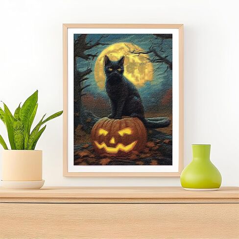 KFBXZIP Halloween القط الأسود عبر الابره مجموعات للمبتدئين مختومة عبر غرزة اللوازم التطريز DIY 11CT 3 فروع القطن الموضوع المطبوعة DIY مجموعات التطريز، 12 × 16 بوصة in Kuwait