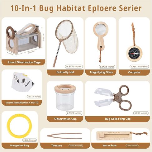Wooden Bug Catching Kit for Kids - 10 PCS Outdoor Exploration Set with Bug Habitat, Magnifying Glass, Bug Container &Other Adventure Kit —STEM Educational Toy for Boys & Girls Ages 4-8 in Saudi Arabia