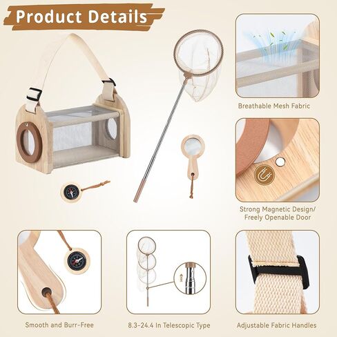 Wooden Bug Catching Kit for Kids - 10 PCS Outdoor Exploration Set with Bug Habitat, Magnifying Glass, Bug Container &Other Adventure Kit —STEM Educational Toy for Boys & Girls Ages 4-8 in Saudi Arabia
