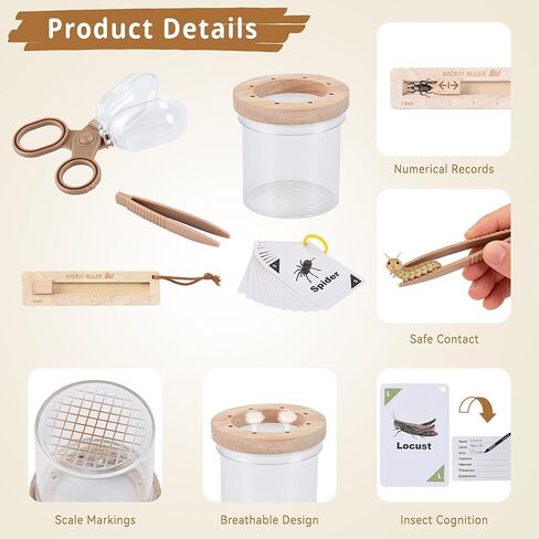 Wooden Bug Catching Kit for Kids - 10 PCS Outdoor Exploration Set with Bug Habitat, Magnifying Glass, Bug Container &Other Adventure Kit —STEM Educational Toy for Boys & Girls Ages 4-8 in Saudi Arabia