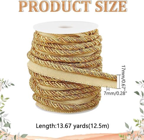 WADORN 13.67 ياردة تويست شفة الحبل، 5/8 بوصة بوليستر تنجيد تقليم حبل حبل الشريط الأساسي المصنوع يدويًا تقليم الحبل للأزياء DIY الحرف الديكور المفروشات الستار Tieback، الذهب in Kuwait