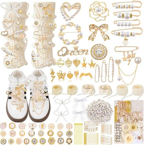 Tetutor 389 pcs Shoe Charms for Sneakers, Junk Socks Charms Kit, Pearl and Rhinestone Shoelace Charm with Brooches and Pins for Women, DIY Accessories for Decorating and Personalizing Socks in Saudi Arabia