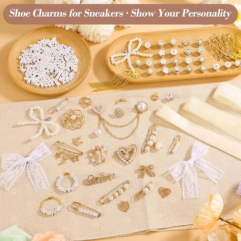 Tetutor 389 pcs Shoe Charms for Sneakers, Junk Socks Charms Kit, Pearl and Rhinestone Shoelace Charm with Brooches and Pins for Women, DIY Accessories for Decorating and Personalizing Socks in Saudi Arabia