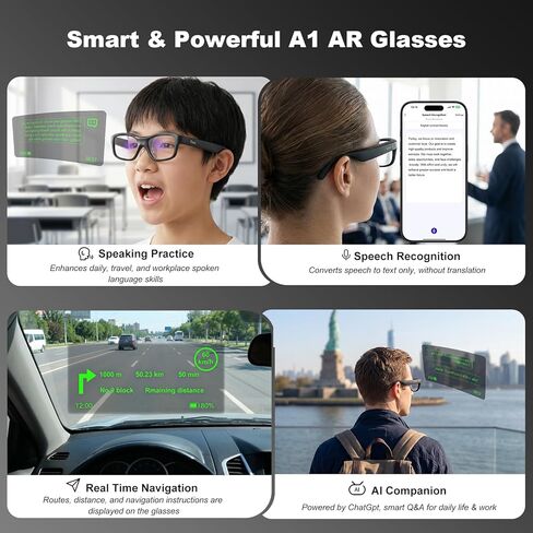 A1 Smart Glasses with Subtitle Display, AI AR Glasses Translation Device 110 Languages, Offline Language Translator Device, Photo & Call Translation for Travel, Business & Meetings in Saudi Arabia