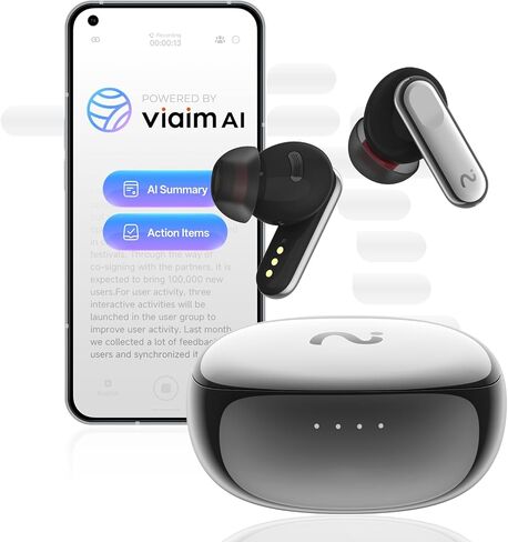 سماعات أذن Nano+ AI لتسجيل الصوت: مسجل ملاحظات للجيب للاجتماعات والمكالمات والمحاضرات. النسخ في الوقت الحقيقي، 45 ديسيبل Hybrid ANC، مساعد AI للإنتاجية، AES-256 Secure، فضي in Kuwait