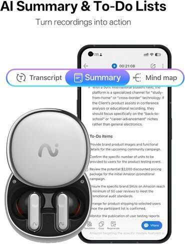 سماعات أذن Nano+ AI لتسجيل الصوت: مسجل ملاحظات للجيب للاجتماعات والمكالمات والمحاضرات. النسخ في الوقت الحقيقي، 45 ديسيبل Hybrid ANC، مساعد AI للإنتاجية، AES-256 Secure، فضي in Kuwait