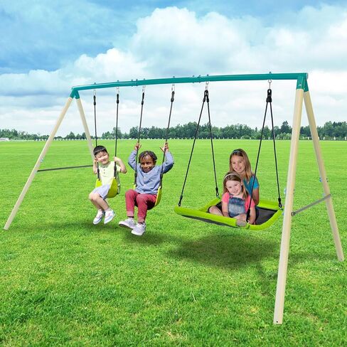 Sportspower Swing & Fly Metal Swing Set with 2 Sling Swings & 2-Person Skyflyer Swing, Heavy-Duty 2" Steel Frame, Outdoor Playset for Kids, Bonus 4-Piece Anchor Kit in Saudi Arabia