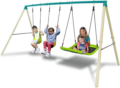 Sportspower Swing & Fly Metal Swing Set with 2 Sling Swings & 2-Person Skyflyer Swing, Heavy-Duty 2" Steel Frame, Outdoor Playset for Kids, Bonus 4-Piece Anchor Kit in Saudi Arabia