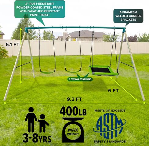 Sportspower Swing & Fly Metal Swing Set with 2 Sling Swings & 2-Person Skyflyer Swing, Heavy-Duty 2" Steel Frame, Outdoor Playset for Kids, Bonus 4-Piece Anchor Kit in Saudi Arabia