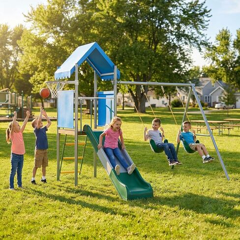 Patikuin Heavy Duty Kids Outdoor Playset with Dual Swings, Slide & Basketball Hoop – Galvanized Steel Playground Equipment – Safe & Durable – Perfect for Backyard or Garden – Includes Blue Variant in Saudi Arabia