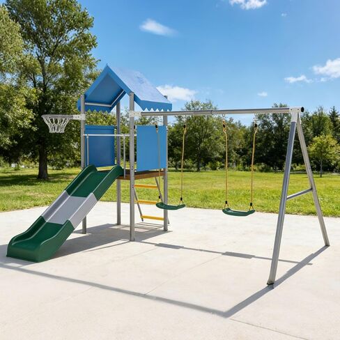 Patikuin Heavy Duty Kids Outdoor Playset with Dual Swings, Slide & Basketball Hoop – Galvanized Steel Playground Equipment – Safe & Durable – Perfect for Backyard or Garden – Includes Blue Variant in Saudi Arabia
