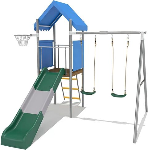 Patikuin Heavy Duty Kids Outdoor Playset with Dual Swings, Slide & Basketball Hoop – Galvanized Steel Playground Equipment – Safe & Durable – Perfect for Backyard or Garden – Includes Blue Variant in Saudi Arabia