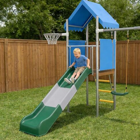 Patikuin Heavy Duty Kids Outdoor Playset with Dual Swings, Slide & Basketball Hoop – Galvanized Steel Playground Equipment – Safe & Durable – Perfect for Backyard or Garden – Includes Blue Variant in Saudi Arabia