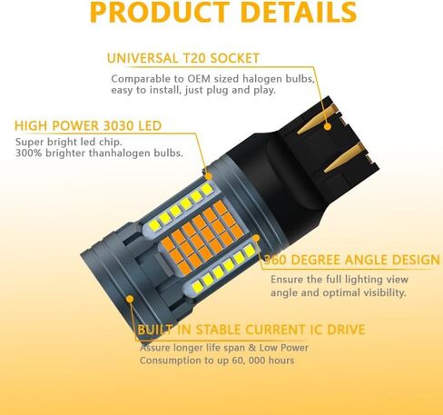 High Bright Automotive LED Bulbs, T20 7443 Dual White Amber Replacement Bulbs with 96 LED Chips for Car Daytime Running Lights (DRL), Turn Signal Lights and Parking Lights in Saudi Arabia