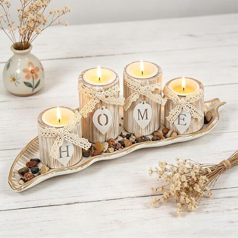 Wooden Candle Holders Centerpieces for Living Room Coffee Table Decorations,Farmhouse Table Decor Tealight Candles Holders with Rustic Tray,Candlesticks for Home Decoration Fireplace Kitchen in Saudi Arabia
