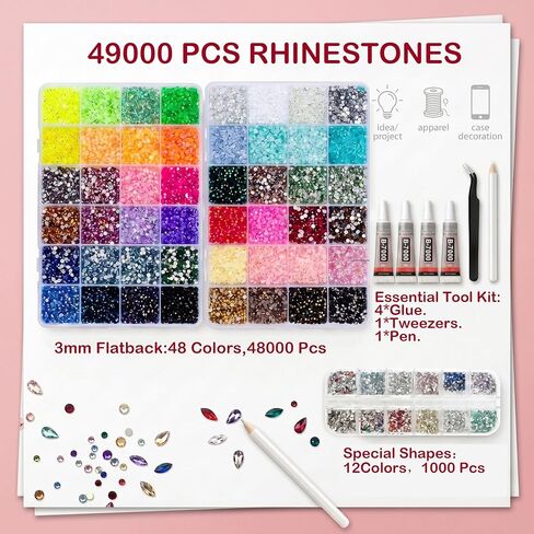 49000Pcs Resin Jelly Rhinestones for Bedazzling, Multicolor 3mm Flatback Gems for Diamond Art, Bedazzler Kit with 4 Pcs 10ml B7000 Jewelry Glue for Nail Art, Crafting, Clothing, Fabric Decor Makeup in Saudi Arabia