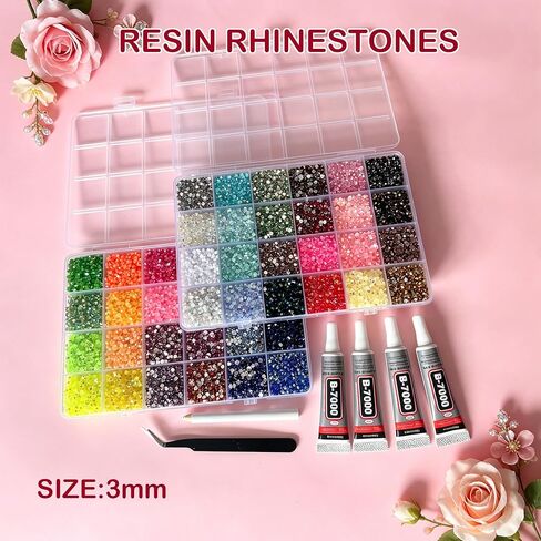 49000Pcs Resin Jelly Rhinestones for Bedazzling, Multicolor 3mm Flatback Gems for Diamond Art, Bedazzler Kit with 4 Pcs 10ml B7000 Jewelry Glue for Nail Art, Crafting, Clothing, Fabric Decor Makeup in Saudi Arabia