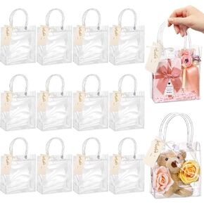 HairChrysm 12 Pack Clear Gift Bags with Handles, 5.1" L x 2.75" W x 5.9" H - Small Plastic Party Favors Bags for Wedding Birthday Baby Shower Includes Gift Tags & Ribbon Candy Tote Goodie Bag Bulk in Saudi Arabia