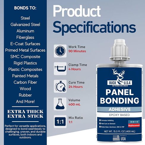 Buck Panel Bonding Adhesive, Two-Part Epoxy, 400 ml/13.5 fl oz Cartridge, 08115 Replacement, Heavy-Duty Metal Glue for Automotive Use, Bonds w/Steel, Aluminum, Plastic & More, OEM Recommended, Black in Saudi Arabia
