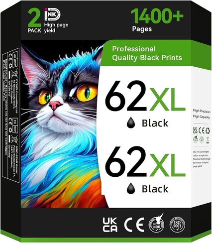 حبر الطابعة 62XL متوافق مع خرطوشة الحبر الأسود HP 62 مناسبة لطابعة Envy 7640 5660 5540 5661 5642 5640 5640 5663 5544 5542 5549 OfficeJet 5740 250 5745 5746 200 (2 أسود) in Kuwait