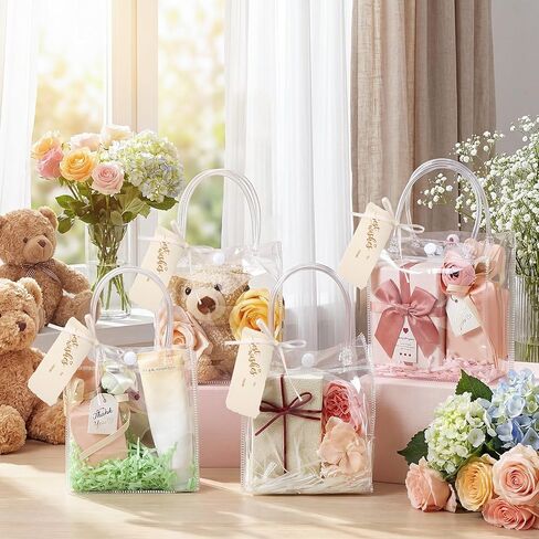 HairChrysm 12 Pack Clear Gift Bags with Handles, 5.1" L x 2.75" W x 5.9" H - Small Plastic Party Favors Bags for Wedding Birthday Baby Shower Includes Gift Tags & Ribbon Candy Tote Goodie Bag Bulk in Saudi Arabia