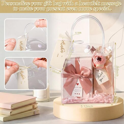 HairChrysm 12 Pack Clear Gift Bags with Handles, 5.1" L x 2.75" W x 5.9" H - Small Plastic Party Favors Bags for Wedding Birthday Baby Shower Includes Gift Tags & Ribbon Candy Tote Goodie Bag Bulk in Saudi Arabia