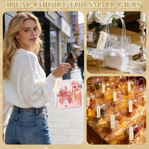 HairChrysm 12 Pack Clear Gift Bags with Handles, 5.1" L x 2.75" W x 5.9" H - Small Plastic Party Favors Bags for Wedding Birthday Baby Shower Includes Gift Tags & Ribbon Candy Tote Goodie Bag Bulk in Saudi Arabia