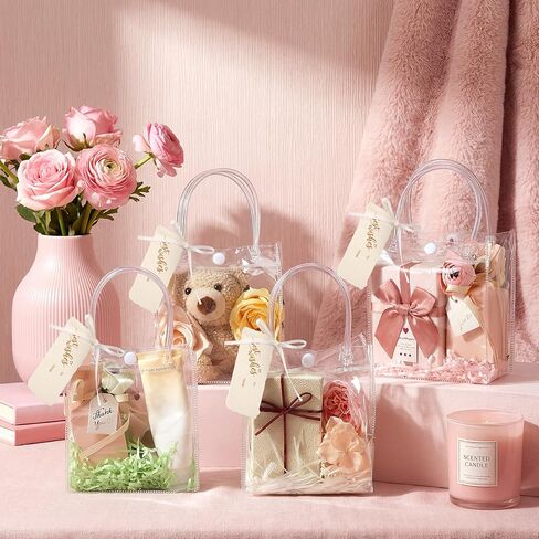 HairChrysm 12 Pack Clear Gift Bags with Handles, 5.1" L x 2.75" W x 5.9" H - Small Plastic Party Favors Bags for Wedding Birthday Baby Shower Includes Gift Tags & Ribbon Candy Tote Goodie Bag Bulk in Saudi Arabia