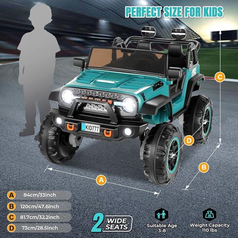 Hikole 24V Ride on Car for Kids,2 Seater Electric Truck with Remote Control, 4x100W Powerful Engine, 4WD/2WD Switchable, LED Headlight & Music Player, Battery Powered Ride on Toys for Boys Girls, Teal in Saudi Arabia