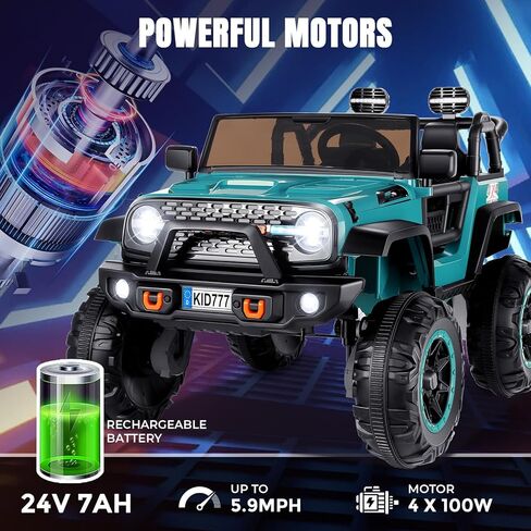 Hikole 24V Ride on Car for Kids,2 Seater Electric Truck with Remote Control, 4x100W Powerful Engine, 4WD/2WD Switchable, LED Headlight & Music Player, Battery Powered Ride on Toys for Boys Girls, Teal in Saudi Arabia