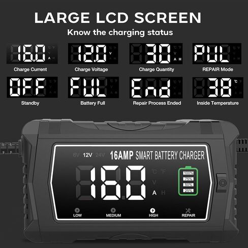 lifepo4 Charger 16-Amp Fully-Automatic Maintain,6V/12V/24V Lead-Acid(AGM/Gel/SLA)/Lithium lron LiFePO4 Trickle Charger,Pulse Repair Car Battery Charger,Deep Cycle in Saudi Arabia