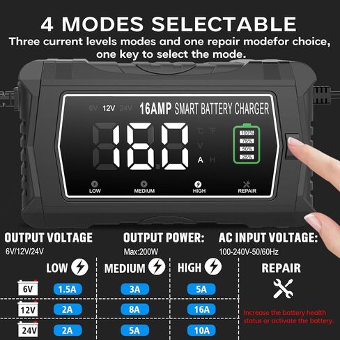 lifepo4 Charger 16-Amp Fully-Automatic Maintain,6V/12V/24V Lead-Acid(AGM/Gel/SLA)/Lithium lron LiFePO4 Trickle Charger,Pulse Repair Car Battery Charger,Deep Cycle in Saudi Arabia