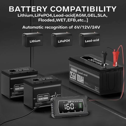 lifepo4 Charger 16-Amp Fully-Automatic Maintain,6V/12V/24V Lead-Acid(AGM/Gel/SLA)/Lithium lron LiFePO4 Trickle Charger,Pulse Repair Car Battery Charger,Deep Cycle in Saudi Arabia