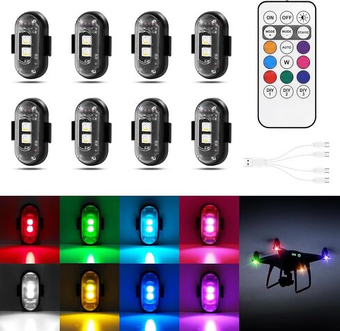 8 قطع مصابيح LED لاسلكية للسيارة مع جهاز تحكم عن بعد، 8 ألوان عالية السطوع لاسلكية LED ستروب أضواء USB شحن IP65 مقاومة للماء ومضادة للتصادمات لسيارة دراجة نارية بدون طيار دراجة طائرة RC، أسود in Kuwait