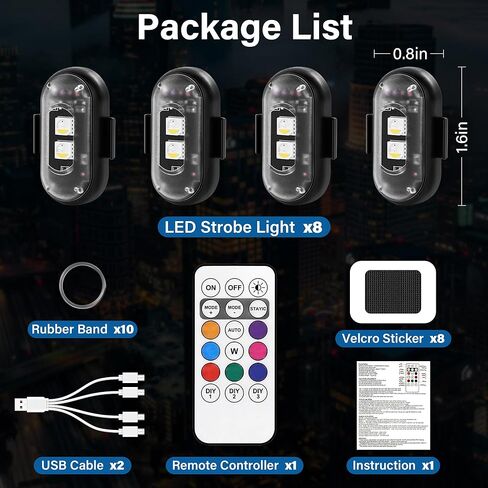 8 قطع مصابيح LED لاسلكية للسيارة مع جهاز تحكم عن بعد، 8 ألوان عالية السطوع لاسلكية LED ستروب أضواء USB شحن IP65 مقاومة للماء ومضادة للتصادمات لسيارة دراجة نارية بدون طيار دراجة طائرة RC، أسود in Kuwait