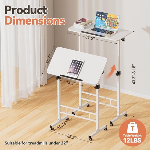 32 Inch Rolling Standing Desk Adjustable Height, Small Mobile Laptop Stand Up Table with Tiltable Tabletop & Lockable Wheel, Portable Workstations for Home Office & Walking Pad Treadmill, White in Saudi Arabia