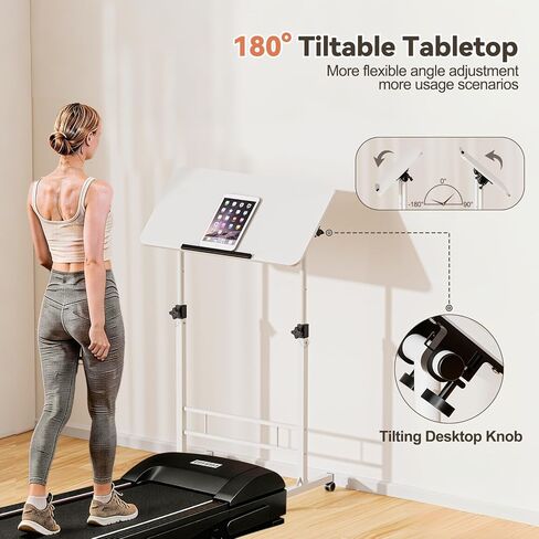 32 Inch Rolling Standing Desk Adjustable Height, Small Mobile Laptop Stand Up Table with Tiltable Tabletop & Lockable Wheel, Portable Workstations for Home Office & Walking Pad Treadmill, White in Saudi Arabia