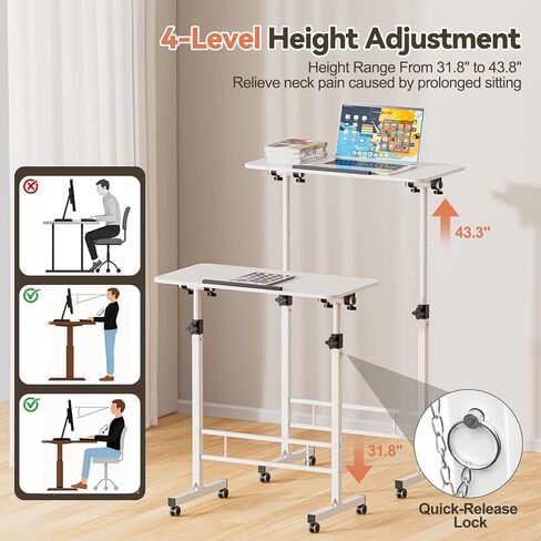 32 Inch Rolling Standing Desk Adjustable Height, Small Mobile Laptop Stand Up Table with Tiltable Tabletop & Lockable Wheel, Portable Workstations for Home Office & Walking Pad Treadmill, White in Saudi Arabia