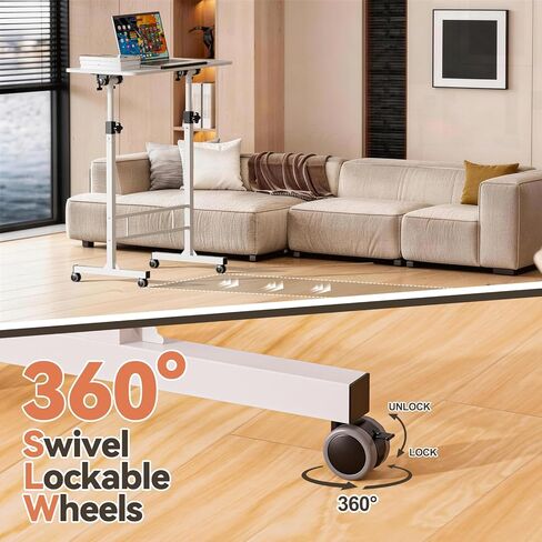 32 Inch Rolling Standing Desk Adjustable Height, Small Mobile Laptop Stand Up Table with Tiltable Tabletop & Lockable Wheel, Portable Workstations for Home Office & Walking Pad Treadmill, White in Saudi Arabia