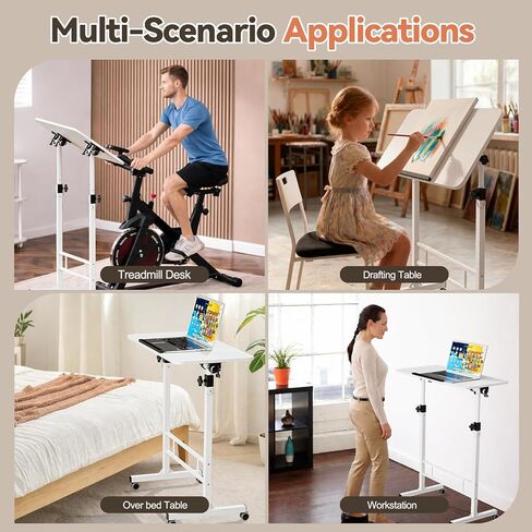 32 Inch Rolling Standing Desk Adjustable Height, Small Mobile Laptop Stand Up Table with Tiltable Tabletop & Lockable Wheel, Portable Workstations for Home Office & Walking Pad Treadmill, White in Saudi Arabia