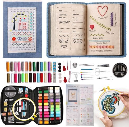 100 PCS Complete Embroidery Stitch Book Kit with Includes Step-by-Step Instructions, Hoops, Threads, Needles & Fabric, All-in-One Portable Starter Set for Adult Beginners & DIY Craft Enthusiasts in Saudi Arabia