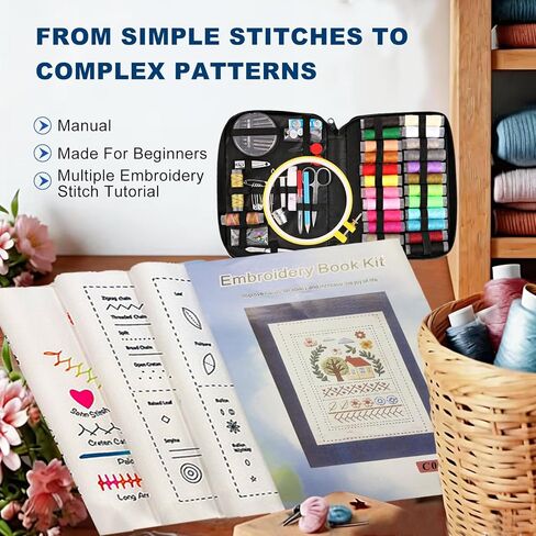 100 PCS Complete Embroidery Stitch Book Kit with Includes Step-by-Step Instructions, Hoops, Threads, Needles & Fabric, All-in-One Portable Starter Set for Adult Beginners & DIY Craft Enthusiasts in Saudi Arabia