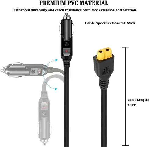 12V/24V Car Charger Cable, for BLUETTI AC70, AC50B, EB55, Elite 200, 100 V2, Ecoflow,and other portable power stations. Features an XT60 connector; Solar Generator DC Power Adapter Cable (10 feet) in Saudi Arabia