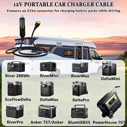 12V/24V Car Charger Cable, for BLUETTI AC70, AC50B, EB55, Elite 200, 100 V2, Ecoflow,and other portable power stations. Features an XT60 connector; Solar Generator DC Power Adapter Cable (10 feet) in Saudi Arabia