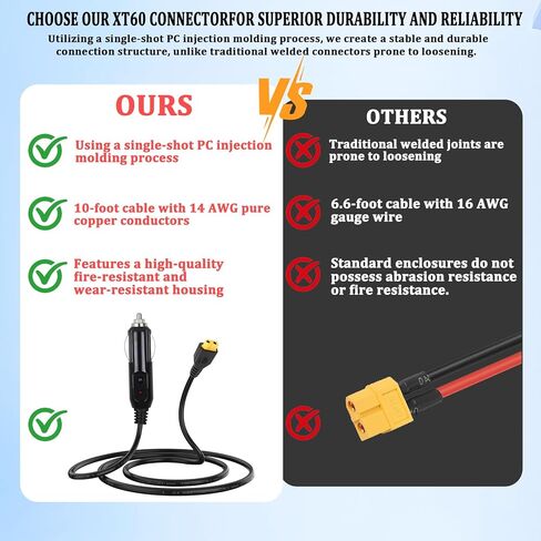 12V/24V Car Charger Cable, for BLUETTI AC70, AC50B, EB55, Elite 200, 100 V2, Ecoflow,and other portable power stations. Features an XT60 connector; Solar Generator DC Power Adapter Cable (10 feet) in Saudi Arabia