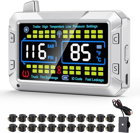 RV Tire Pressure Monitoring System TPMS with Flow‑Through Sensors, 4.3" Color Display, 0‑188 PSI, 6 Alerts, Signal Booster, No Removal Inflation for Trailer, Truck, Camper, 5th Wheel (10 Sensors) in Saudi Arabia