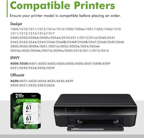 61 61XL خراطيش حبر لطابعات HP Envy 4500 بديلة لحبر HP61 61 حزمة كومبو باللون الأسود واللون لـ Envy 4500 5530 Officejet 4630 4635 Envy 4502 4501 Deskjet 1000 1010 أسود/ثلاثي الألوان، عبوتان in Kuwait
