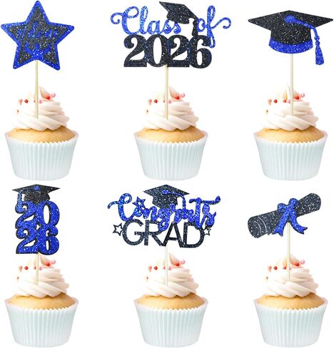 قبل تجميع قبعات كب كيك التخرج فئة 2026، 24PCS Congrats Grad Cupcake Picks زينة كب كيك التخرج، 2026 لوازم حفلات التخرج لكلية المدرسة الثانوية (أسود مع ذهبي) in Kuwait