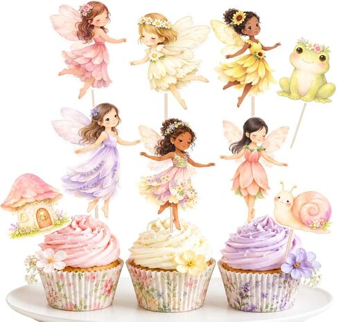 ALISSAR 36 Pack Fairy Cupcake Toppers, Pre-Assembled Double Sided Fairy Birthday Party Decorations for Girls, Fairy First Birthday Cake Decorations for Cupcakes, Dessert Table, Treats in Kuwait