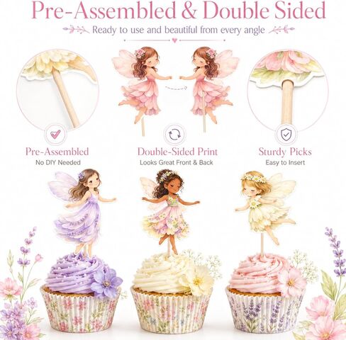 ALISSAR 36 Pack Fairy Cupcake Toppers, Pre-Assembled Double Sided Fairy Birthday Party Decorations for Girls, Fairy First Birthday Cake Decorations for Cupcakes, Dessert Table, Treats in Kuwait